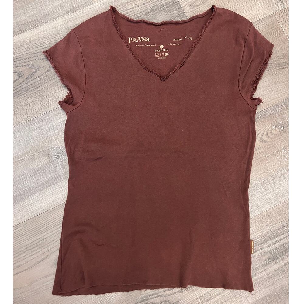 prAna Brown Raw Frayed Edge V-neck Cotton Shirt